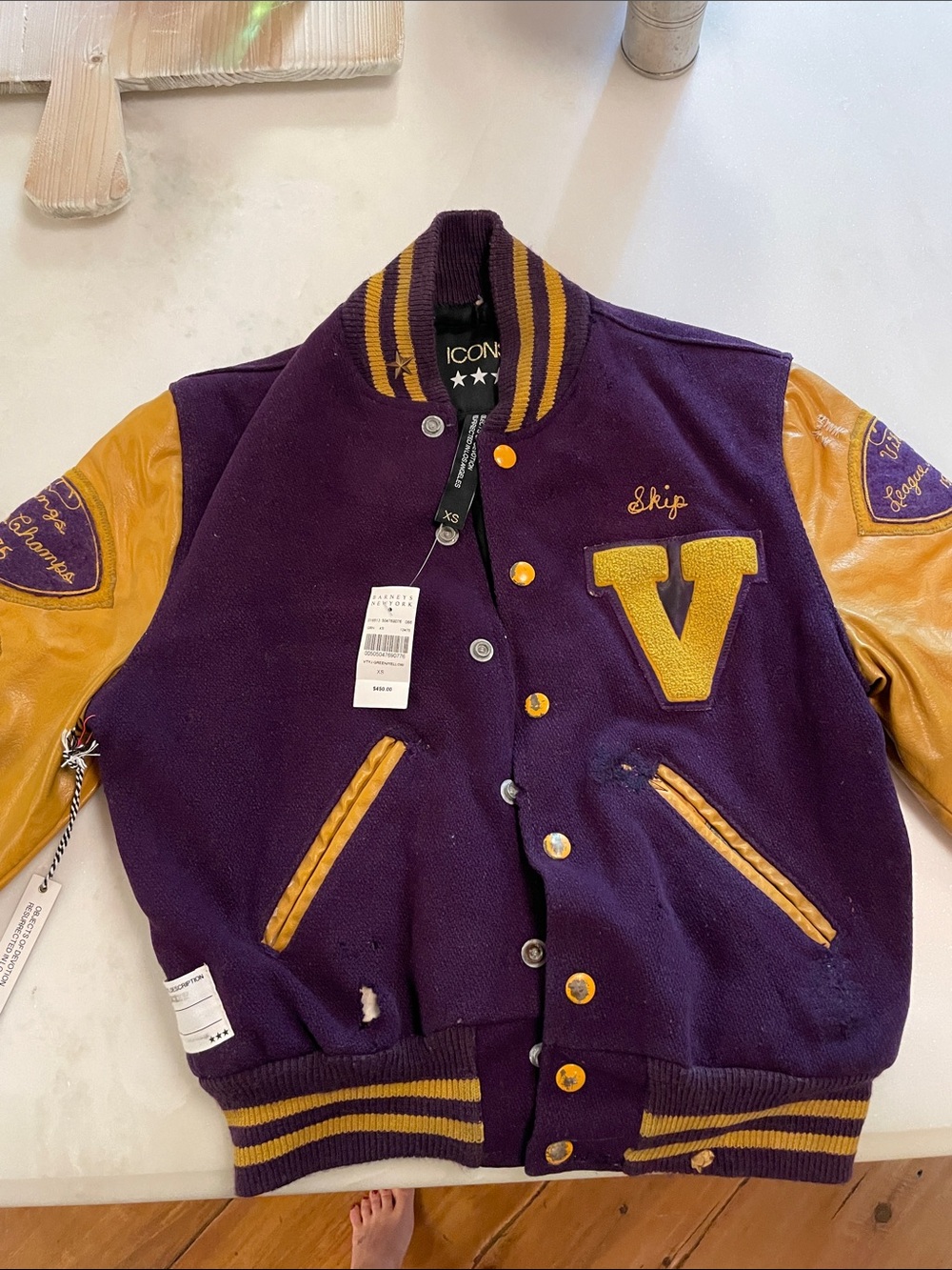 Women’s vintage Purple & Gold Varsity Jacket with Leather Sleeves